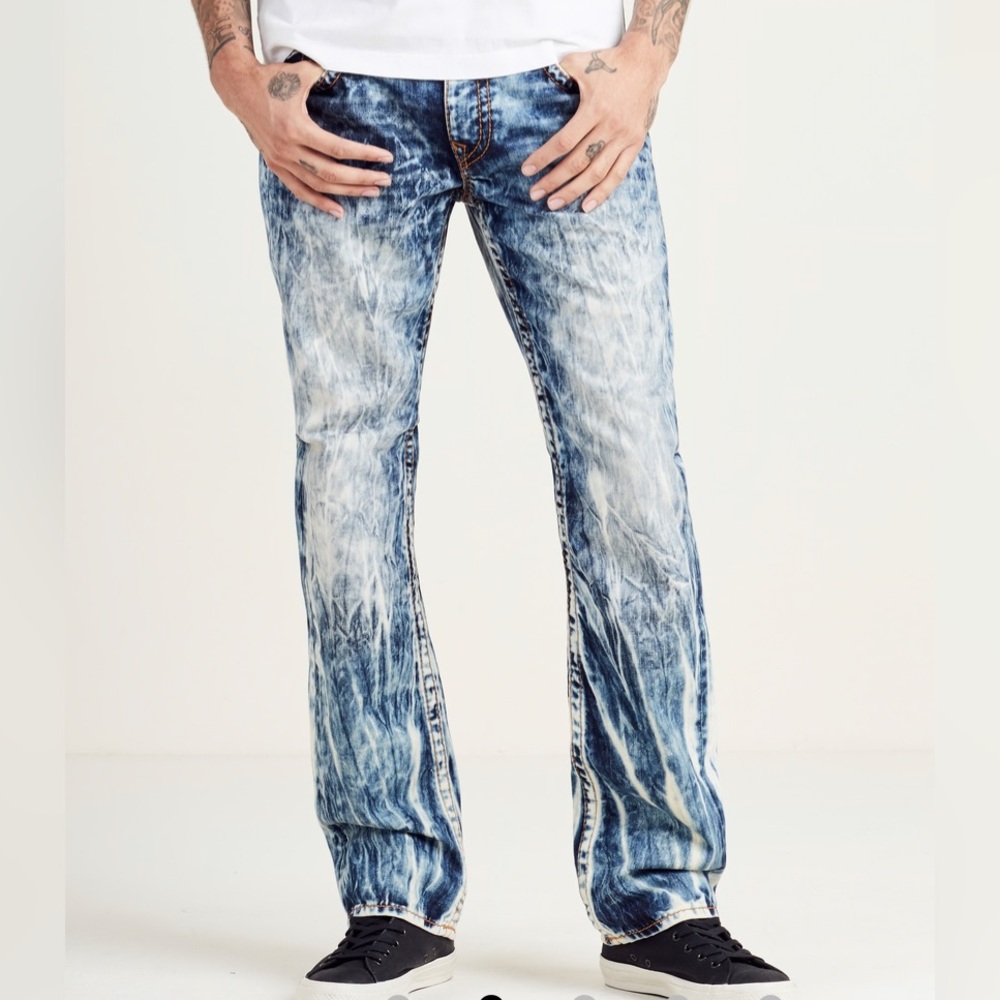 TRUE RELIGION STRAIGHT FLAP ORANGE STITCH MENS BLUE TYE-DYE JEAN SZ 40 MSRP-$317